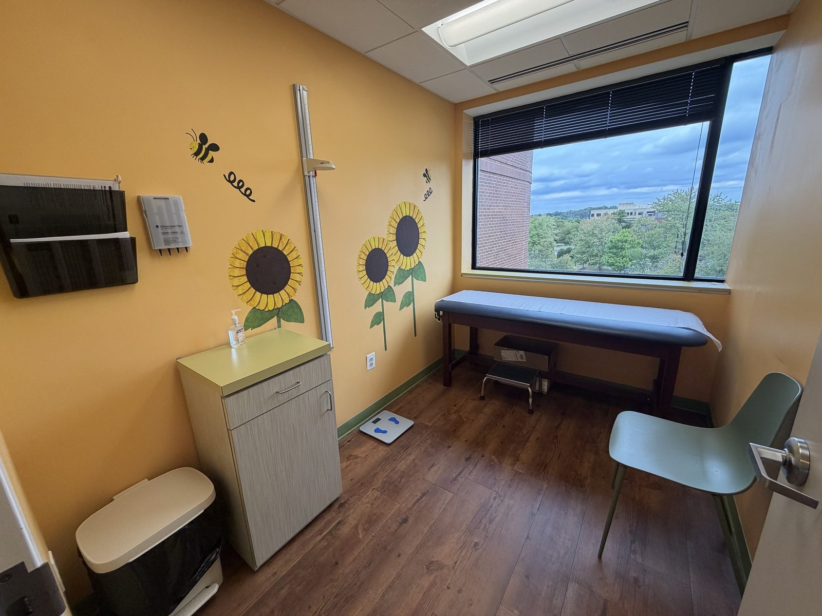 Warm orange exam room with sunflower and bumblebee decals and a window view of the trees